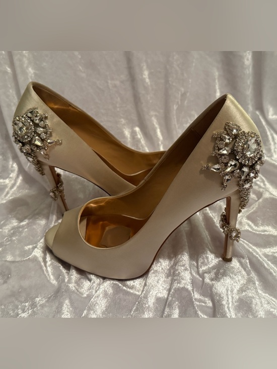 Badgley Mischka Shoes - Badgley Mischka Cream Satin Peep-Toe Heels with Crystal Heel Embellishments